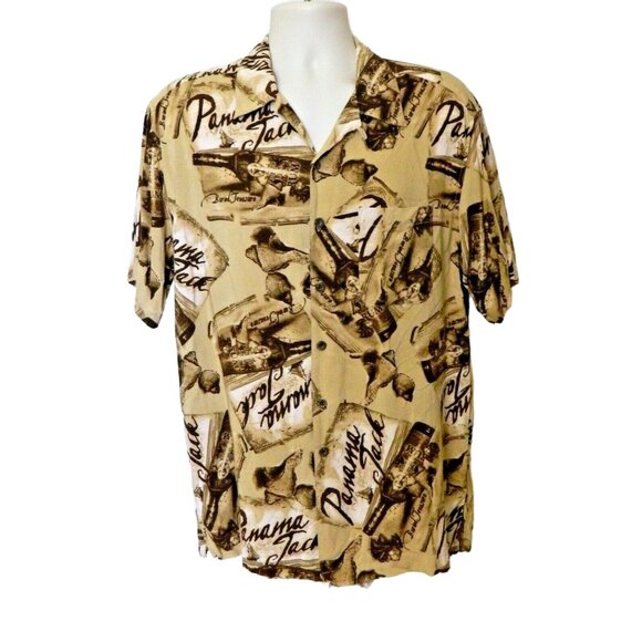 Panama Jack Hawaiian Shirt L Brown Rum Print Short Sleeve Button Rayon - Picture 1 of 7